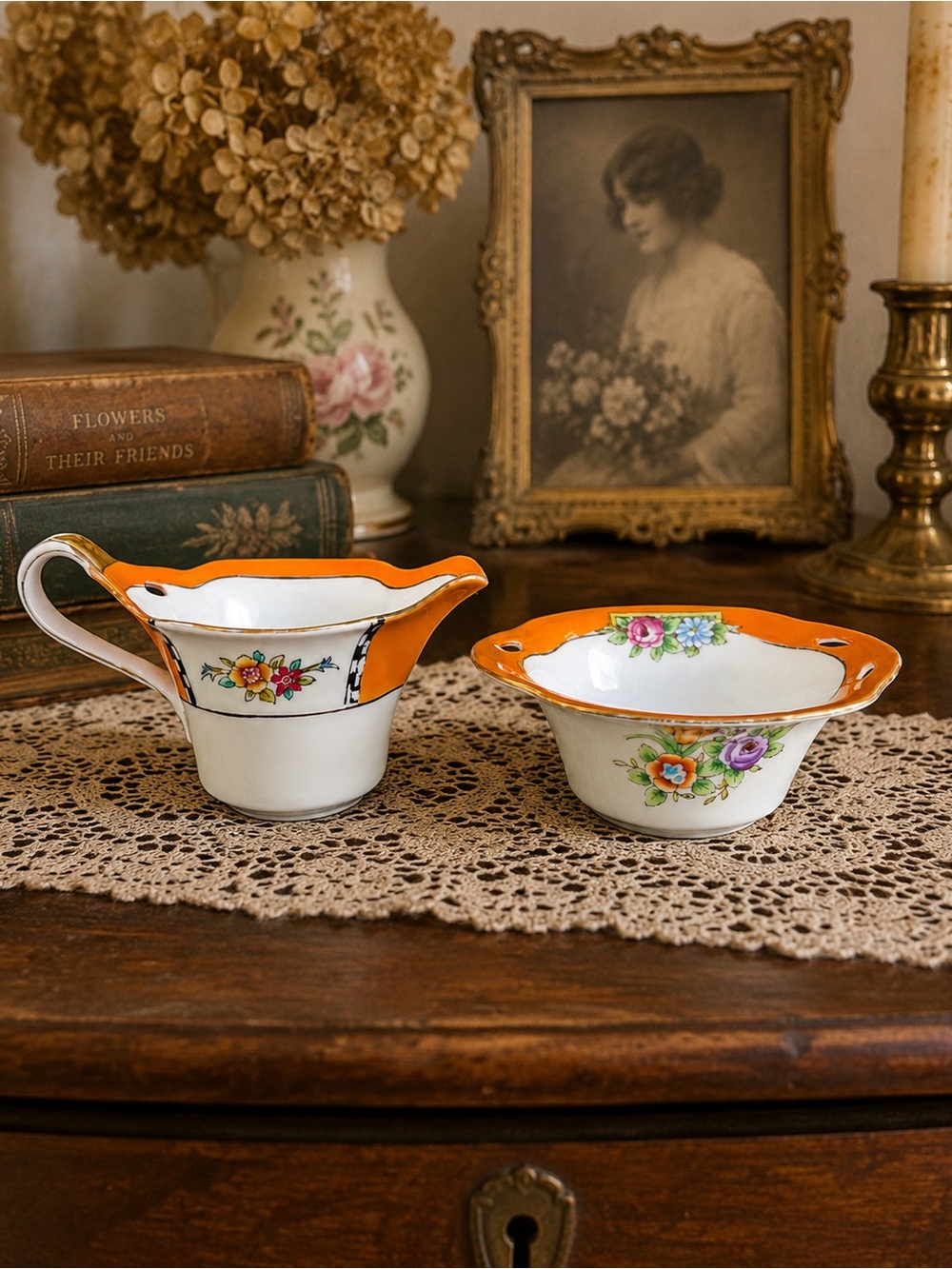 Vintage Noritake Hand Painted Orange Lustreware Creamer & Bowl Set Art Deco